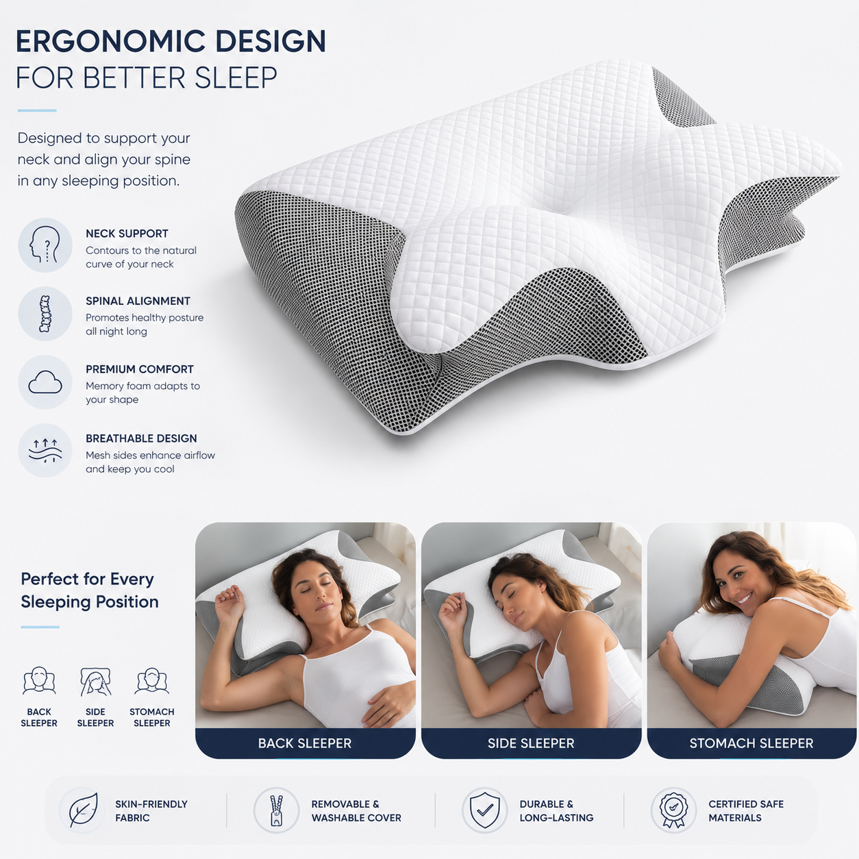 Ergonomic memory foam cervical pillow